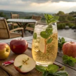 Ein erfrischendes Glas Apfelschorle mit Minzblättern, serviert mit frischen Äpfeln und einem malerischen Hintergrund im Freien.