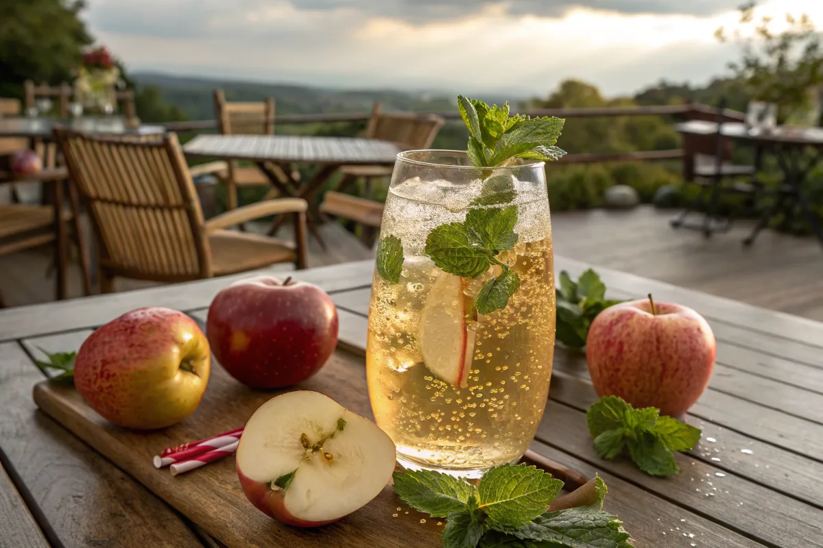 Ein erfrischendes Glas Apfelschorle mit Minzblättern, serviert mit frischen Äpfeln und einem malerischen Hintergrund im Freien.