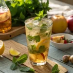 Erfrischendes Getränk mit Minze und Zitrone, garni mit Ingwer und Apfelscheiben.