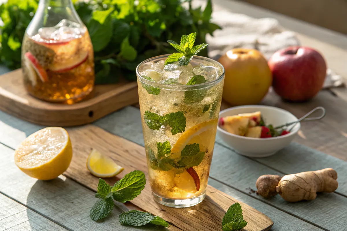 Erfrischendes Getränk mit Minze und Zitrone, garni mit Ingwer und Apfelscheiben.