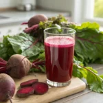 Rote Bete Saft und frische Rote Beeten auf Holzuntergrund