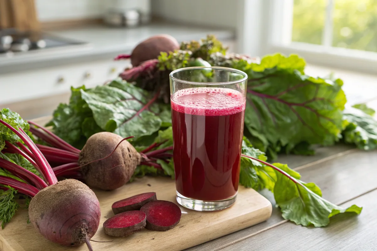 Rote Bete Saft und frische Rote Beeten auf Holzuntergrund