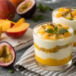 solero dessert​ : Frischer Mango-Passionsfrucht-Dessert in Gläsern mit Schichten aus Joghurt und Früchten