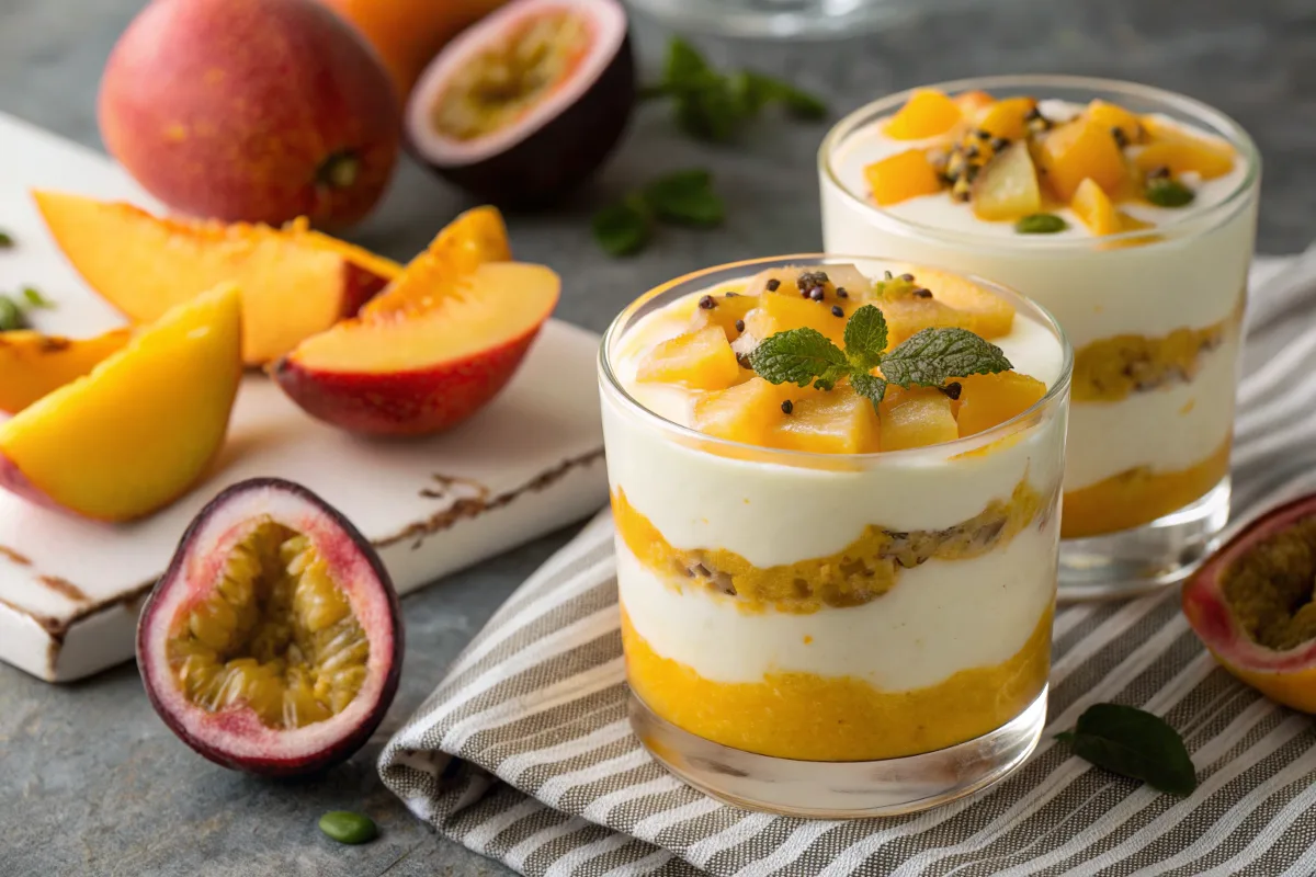 solero dessert​ : Frischer Mango-Passionsfrucht-Dessert in Gläsern mit Schichten aus Joghurt und Früchten